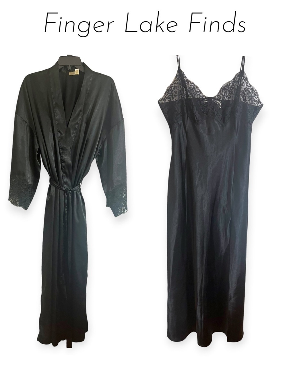 Vintage Y2K Victoria's Secret Black Satin Lace Robe & Gown Set, L